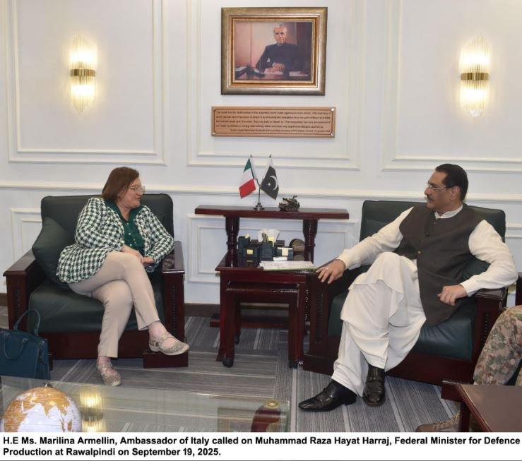 Italy’s Ambassador Marilina Armellin calls on  Raza Hayat Harraj, Federal Minister for Defence Production