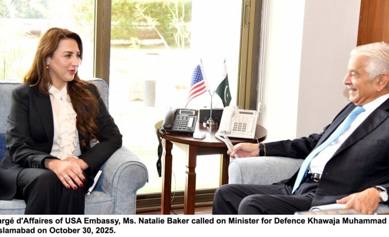 Defence Minister Khawaja Asif, U.S. Chargé d’Affaires Natalie Baker Discuss Strengthening Bilateral Defence Ties