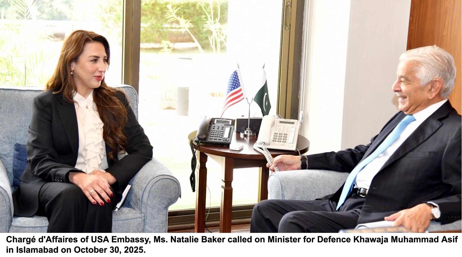 Defence Minister Khawaja Asif, U.S. Chargé d’Affaires Natalie Baker Discuss Strengthening Bilateral Defence Ties