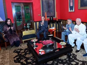 PM Shehbaz Sharif offering condolences to Sherry Rehman at her Karachi residence