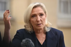 Marine Le Pen speaking during interview discussing US Iran conflict and global tensions