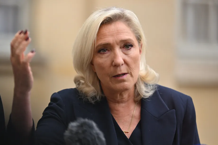 Marine Le Pen speaking during interview discussing US Iran conflict and global tensions