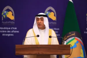 GCC Secretary-General speaking in Riyadh about Hormuz crisis and global economic risks