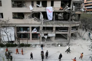 Damaged building in Tehran housing Al Araby TV office after reported airstrike