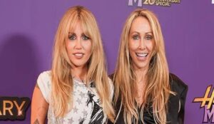 Miley Cyrus with mother Tish Cyrus and stepfather Dominic Purcell at the Hannah Montana 20th anniversary celebration