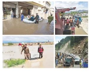 Rescue 1122 teams evacuate residents from flooded areas in Peshawar after heavy rains caused mid-level flooding in Budhni nullah.
