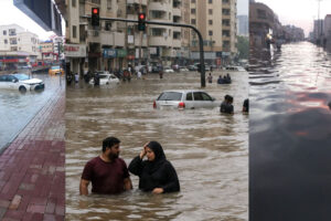 Flooded streets in Ajman Al Nuaimiya with submerged cars and stranded residents after heavy rainfall