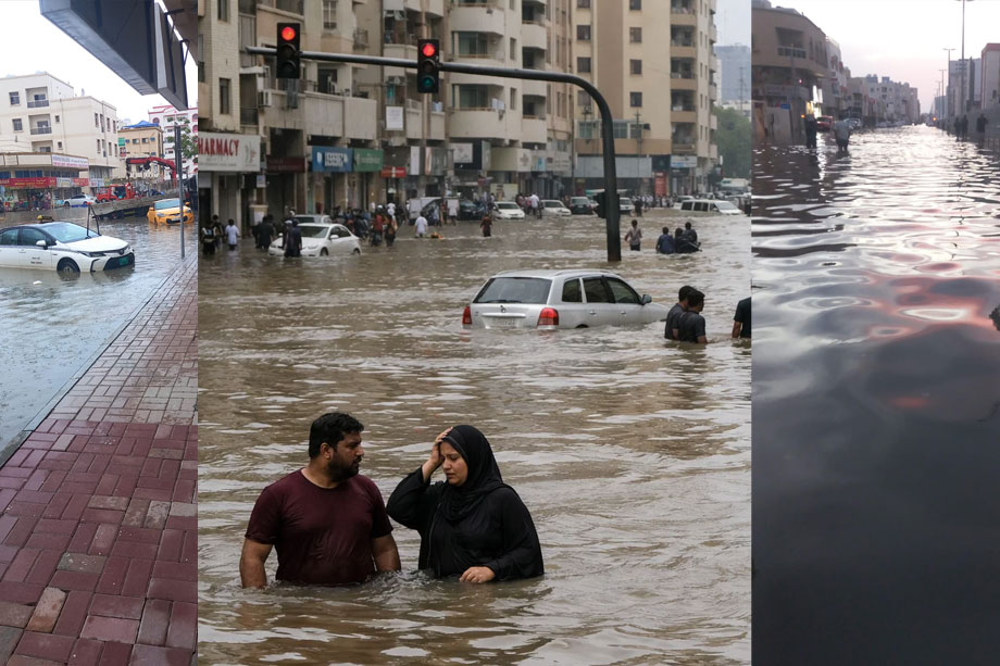 Flooded streets in Ajman Al Nuaimiya with submerged cars and stranded residents after heavy rainfall