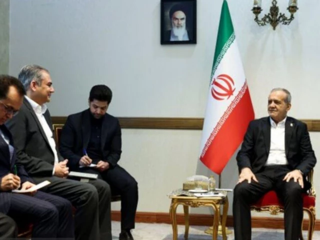 Pakistan Interior Minister Mohsin Naqvi meeting Iranian President Masoud Pezeshkian in Tehran during high-level regional security talks.