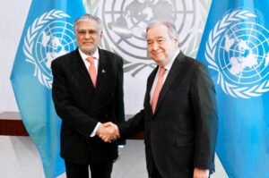 Deputy Prime Minister Ishaq Dar arriving in New York for United Nations Security Council meetings and diplomatic engagements.