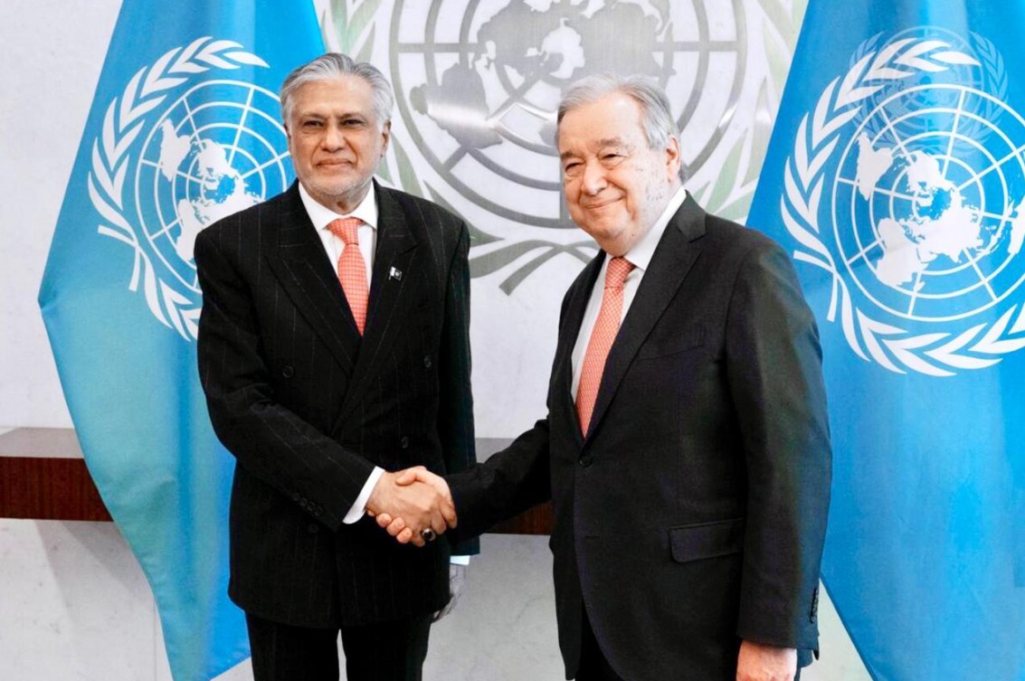 Deputy Prime Minister Ishaq Dar arriving in New York for United Nations Security Council meetings and diplomatic engagements.