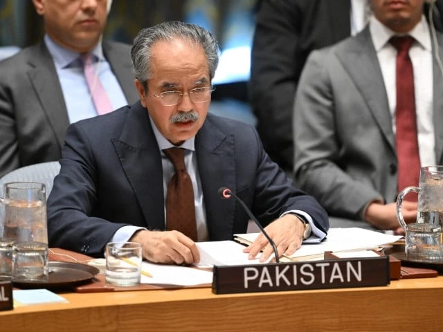 Pakistan’s UN ambassador addressing the Security Council during discussions on Middle East tensions and regional peace efforts.