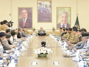 Prime Minister Shehbaz Sharif and military officials during a high-level security meeting on protecting mineral projects in Balochistan.