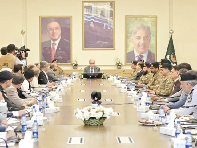 Prime Minister Shehbaz Sharif and military officials during a high-level security meeting on protecting mineral projects in Balochistan.