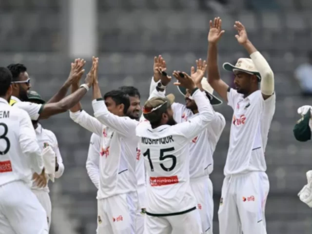 Bangladesh cricket players celebrating after defeating Pakistan in the Sylhet Test to complete a historic series sweep.