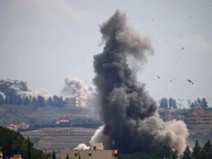 Lebanese military vehicle damaged following an Israeli airstrike in southern Lebanon amid ongoing ceasefire tensions.