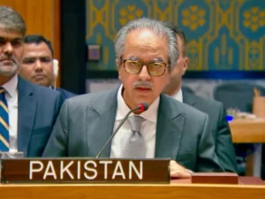 Pakistan's Ambassador Asim Iftikhar Ahmad addressing the United Nations Security Council during a session on regional peace and non-proliferation.
