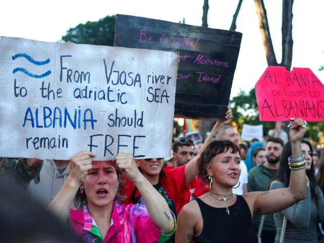 Protesters in Tirana opposing a luxury resort project near Albania’s protected Vjosa-Narta Lagoon.