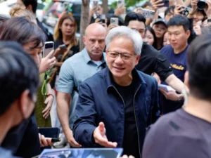 Nvidia CEO Jensen Huang speaking during his visit to South Korea about robotics, AI, and future technology investments.