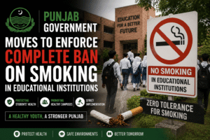 Students attending a tobacco awareness campaign as Punjab government strengthens smoking ban enforcement in educational institutions.