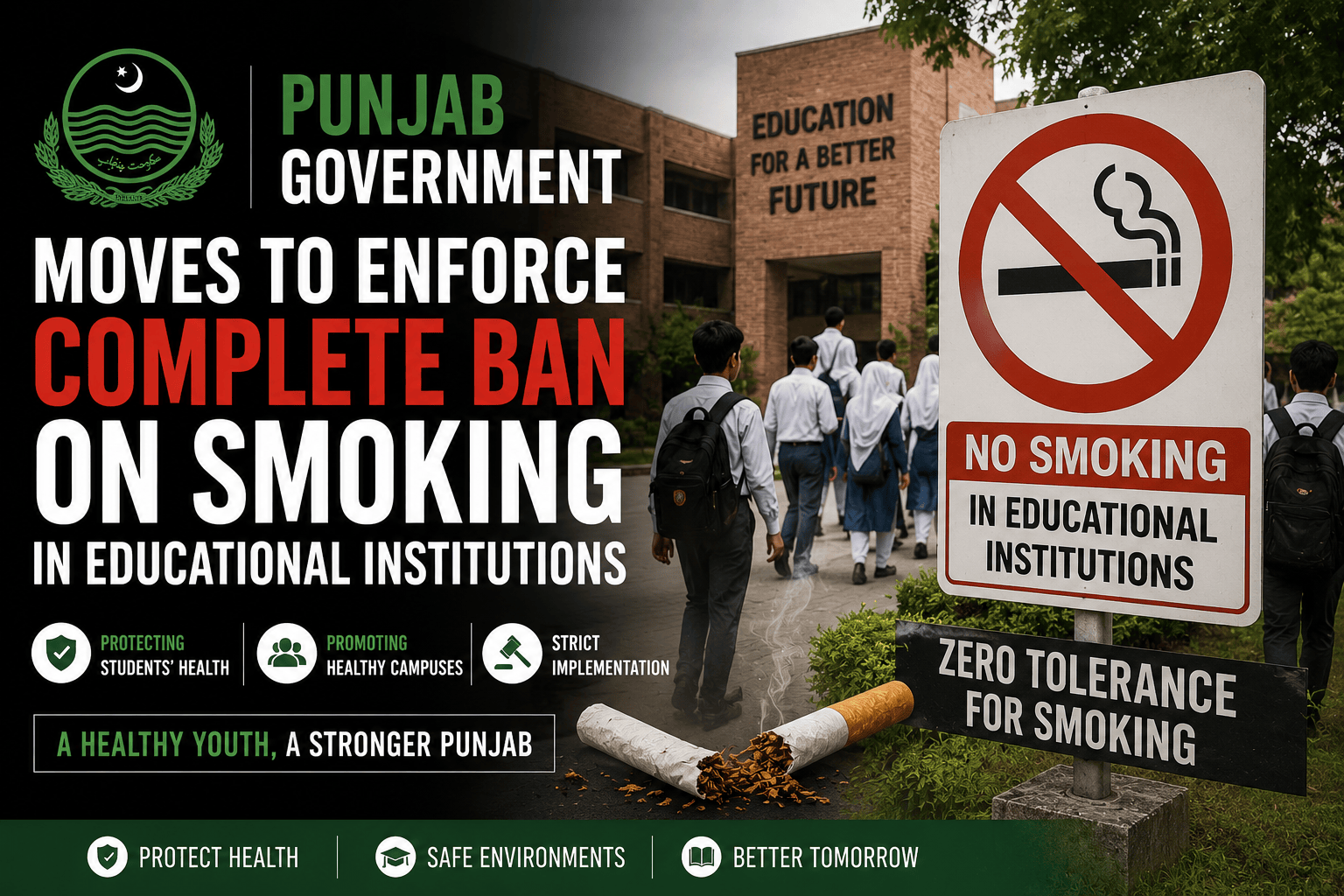 Students attending a tobacco awareness campaign as Punjab government strengthens smoking ban enforcement in educational institutions.