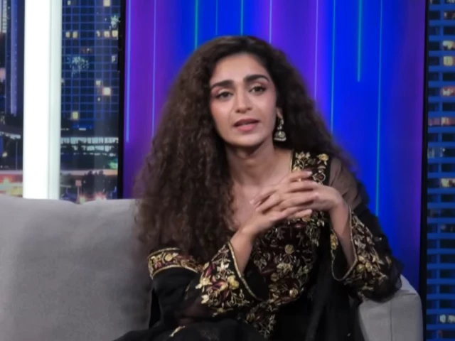 Pakistani actor Hajra Yamin speaking during an interview about social media, acting, and the changing dynamics of the entertainment industry.